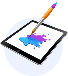 Tableta digital con un pincel y pintura de colores, representando la creatividad y el uso de herramientas digitales en el aprendizaje.