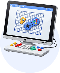 Computador con controles de videojuego que representa el aprendizaje interactivo mediante herramientas digitales.