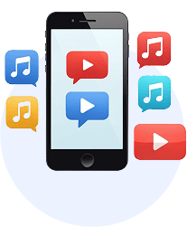 Dispositivo móvil con íconos de audio, video y mensajería que representan recursos multimedia para el aprendizaje.