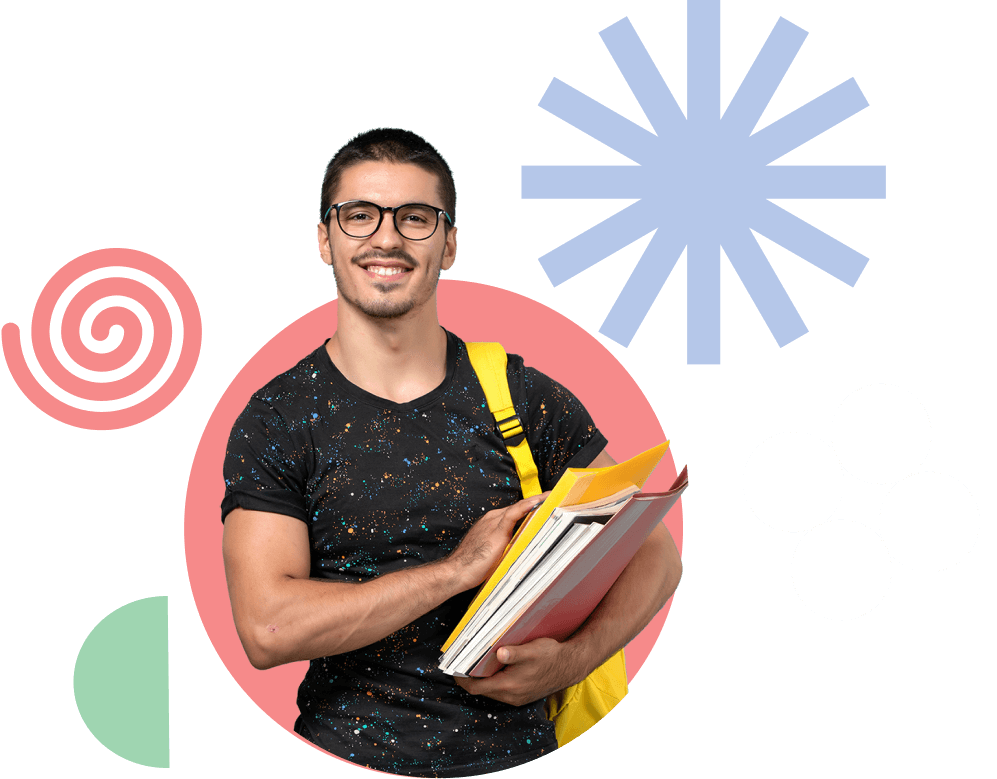 Estudiante joven con mochila y cuadernos, preparado para aprender en una plataforma educativa.
